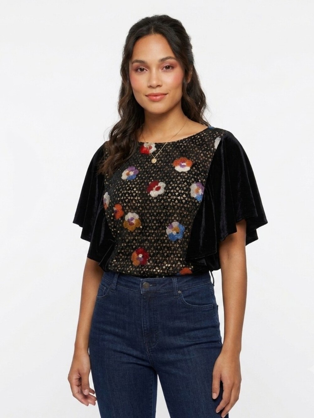 Eva Franco Black Gold Floral Burnout Velvet Lurex Flutter Sleeve Blouse - XL